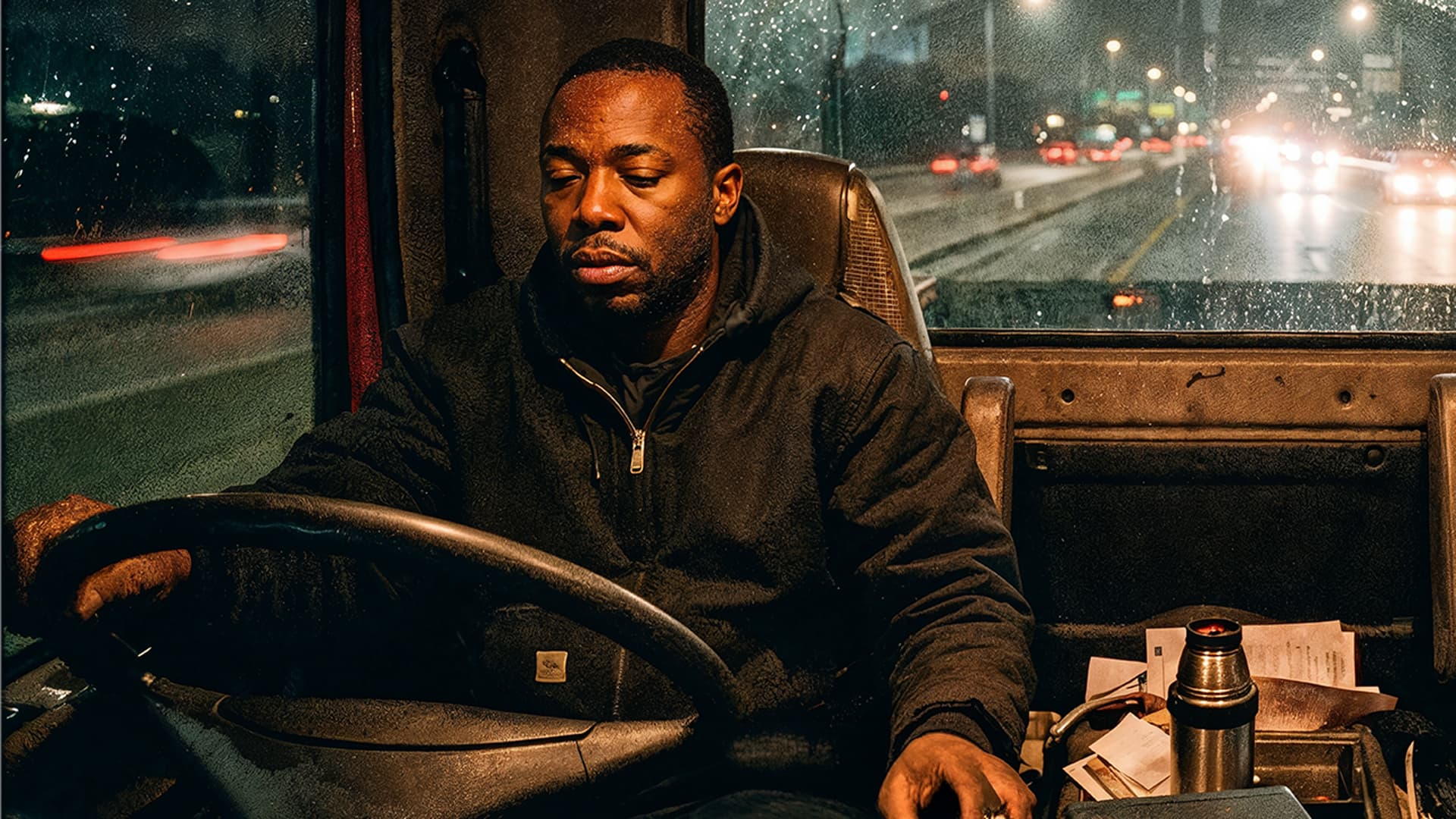 Truck driver at the wheel on a rainy night, city traffic visible through the windscreen
