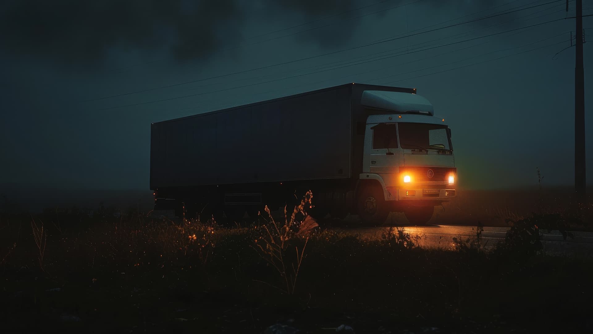Freight truck driving on a dark road at night with headlights on